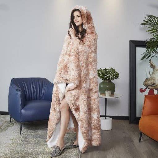 "Blush Tie Dye" Faux Fur Plush Hooded Throw Blanket for wholesale by Duke Imports