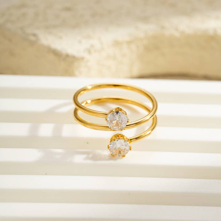 COSMOS - Wholesale Multi-Stone Ring - Minimalist steel-set clear stone duo gold rings1