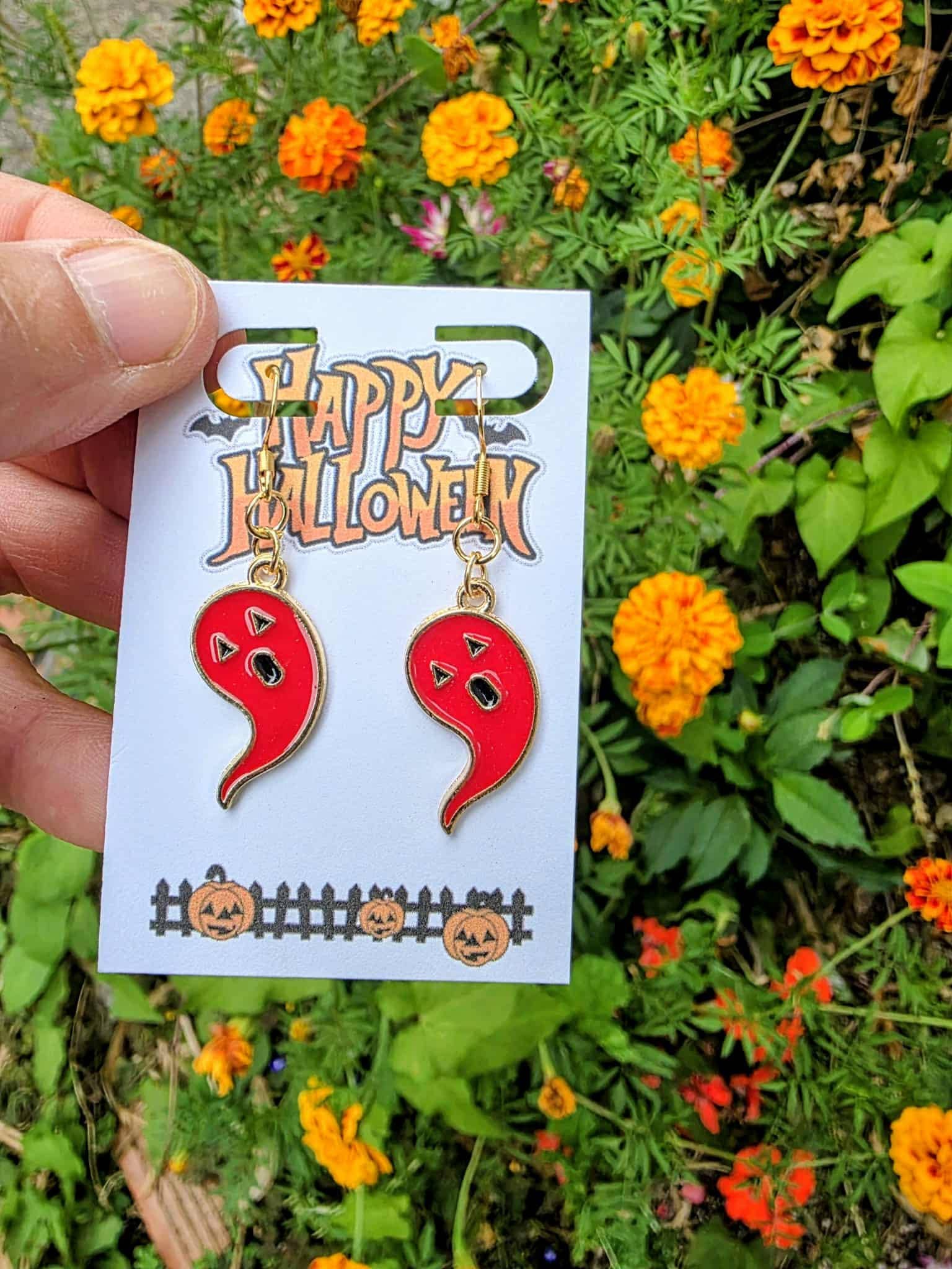 Bad Apple Designs - Wholesale Dangle Earrings - Red Ghost Halloween Dangle Earrings with Pumpkin Faces