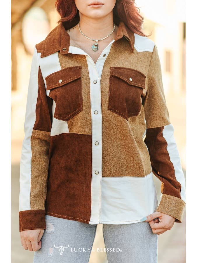 LUCKY & BLESSED - Wholesale Shirt Jacket/Shacket - Women's - Multi Fabric Patchwork Denim Pearl Snap Western Shirt3