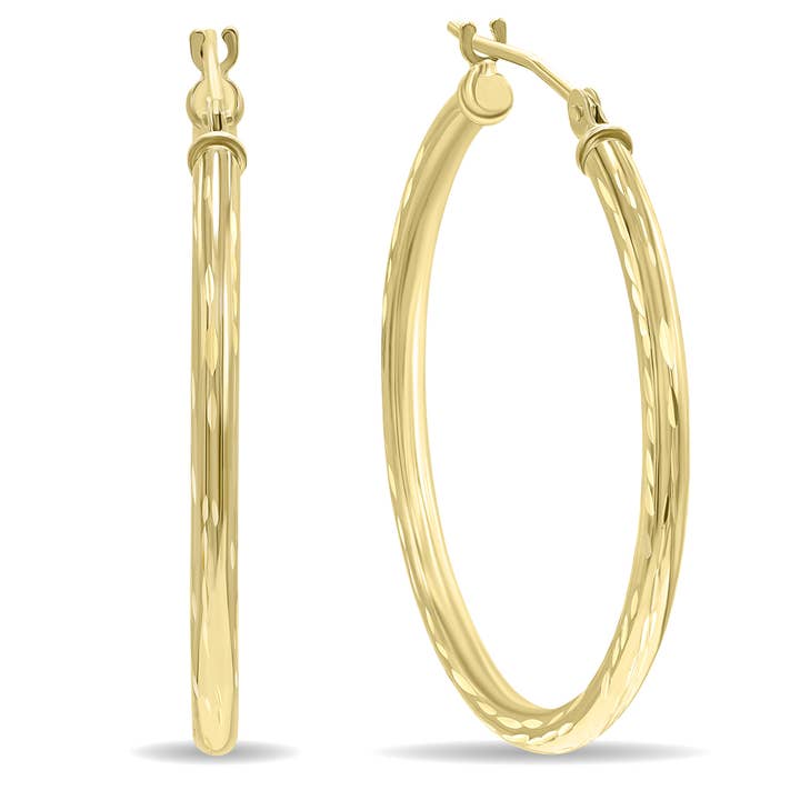 14K Yellow Gold Shiny Diamond Cut Engraved Hoop Earrings (30 for wholesale by Szul USA LLC