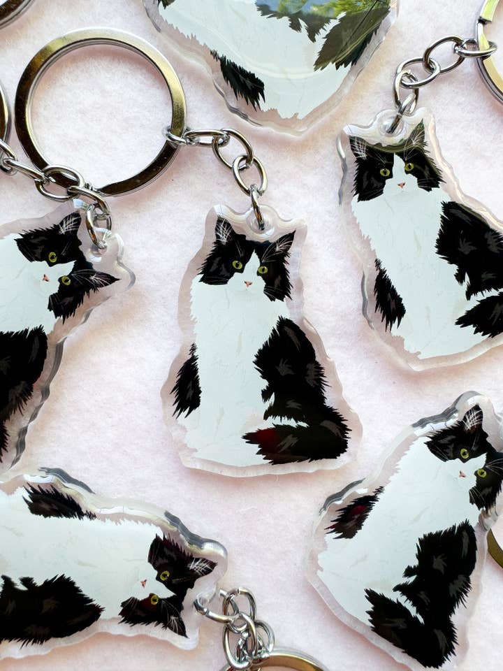 Long-haired Tuxedo Cat Keychain for wholesale by Our Cheery Corner