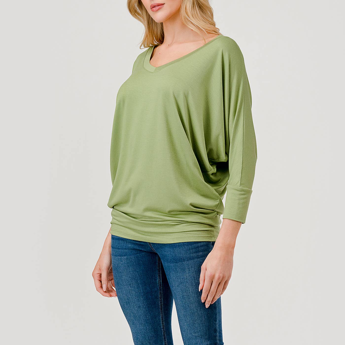 Heimious - Wholesale Knit Top - Women's - 3/4 Dolman Sleeve V-neck Modal Jersey Top, 257389