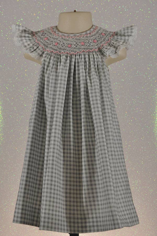 Hello Bebes! - Wholesale Dress - Kids - Gray & White Checked Geo Smocked Angel Sleeve Bishop Dress2