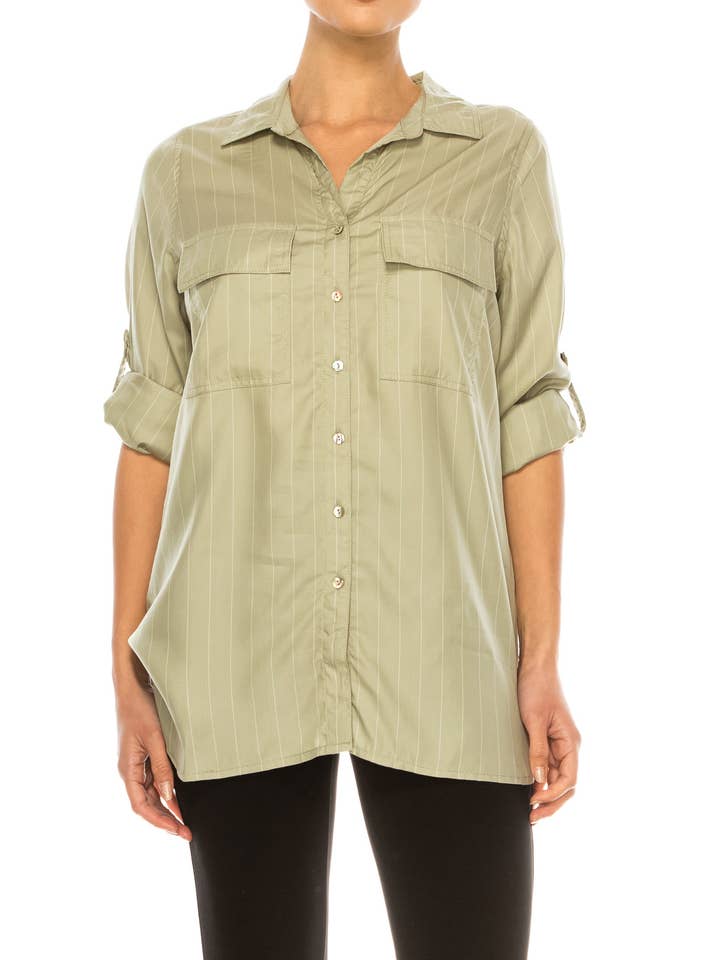 OLIVE WHITE Hester & Orchard Adjustable-Sleeve Button-Down Top for wholesale on Faire0