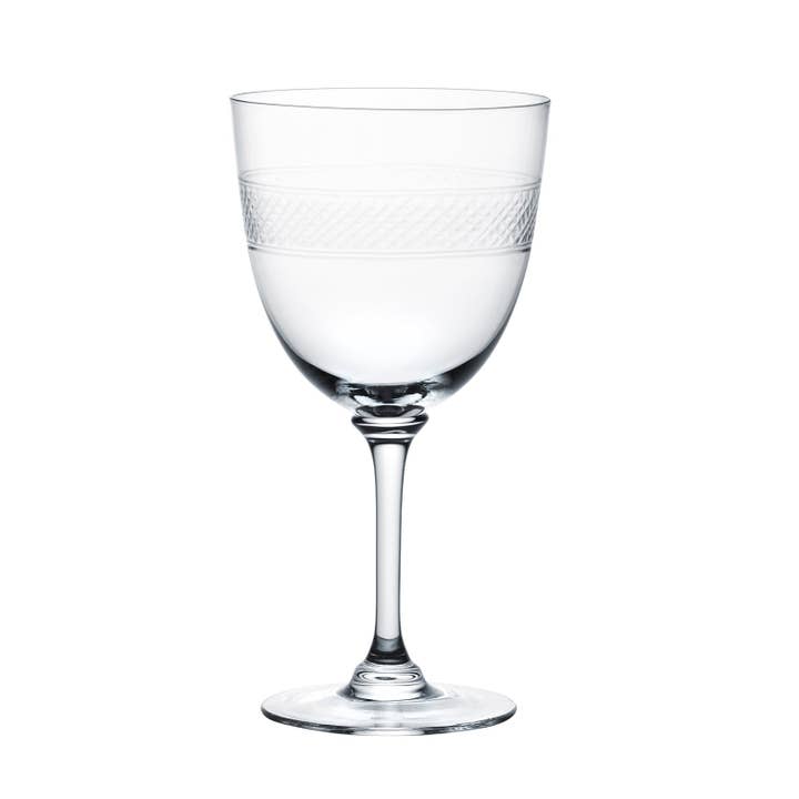 Un juego de seis copas de vino de cristal con diseño de bandas para venta al por mayor de The Vintage List