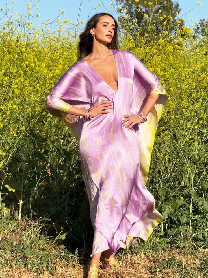 Silk V-Neck Tie Dye Kaftan for wholesale by Lotta Stensson