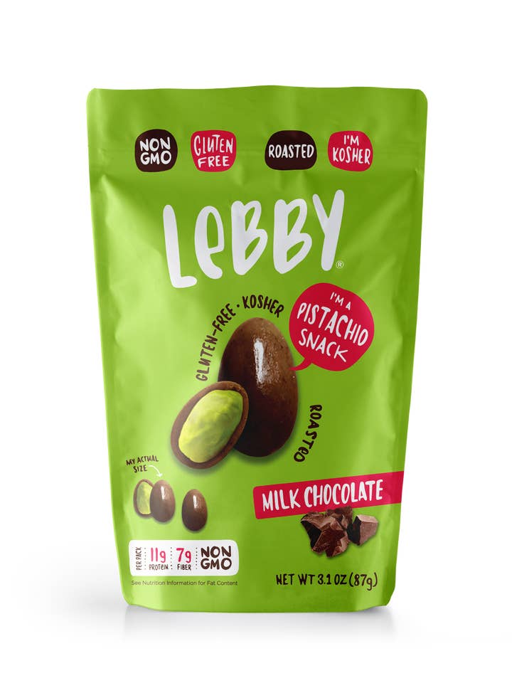Lebby Milk Chocolate Pistachios 3.1oz for wholesale by Lebby Snacks