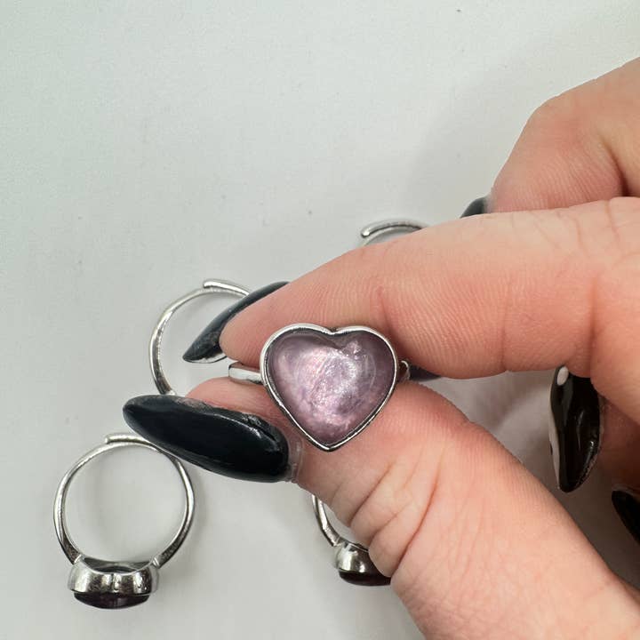 Oils and Auras - Wholesale Single Stone/Solitaire Ring - Lepidolite Heart Ring - Adjustable Crystal Ring