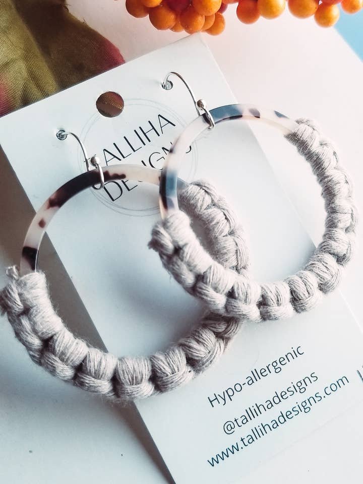 Large Blond Tortoise Acrylic Hoop Non-Fringe Macrame Earring for wholesale by Talliha Designs