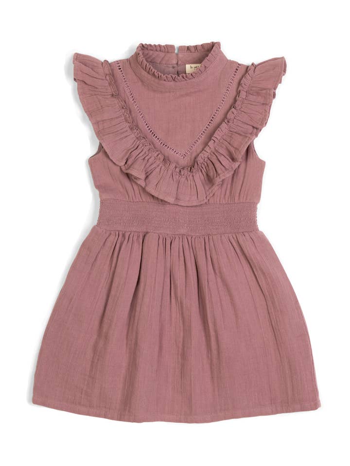 Esmée | Mousseline katoenen jurk met ruches | Mauve Wine voor wholesale door Lepela