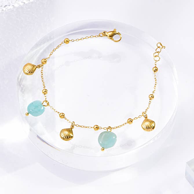 Natural Stone & Shell Charm Bracelet in Gold for wholesale by White Leaf