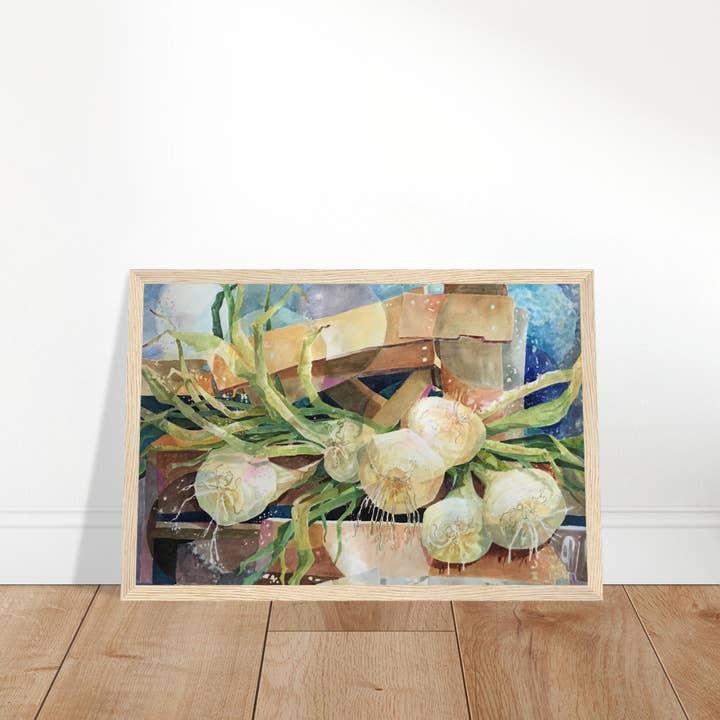 Barbara Cleary Designs - Vendita all'ingrosso Stampa artistica - Natura morta con cipolle ad acquerello | Stampa d'arte incorniciata in legno 12x18 | Opera originale dell'artista americana Barbara Cleary6
