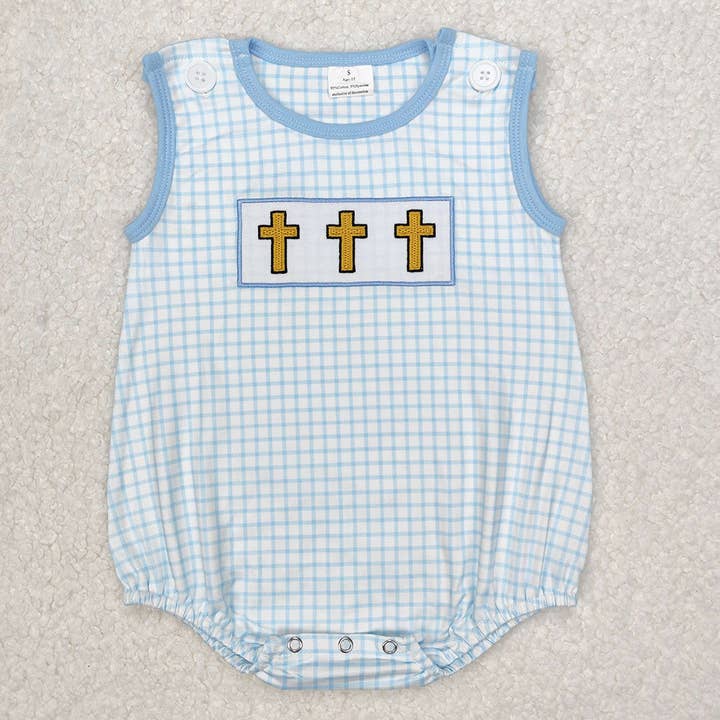 Embroidery Baby Infant Boys Blue Checkered Easter Cross Rompers for wholesale by Aier Wholesale