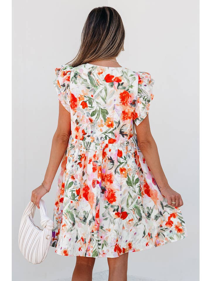 Pink LDC Floral Double Ruffle Sleeve V Neck High Waist Mini Dress for wholesale on Faire