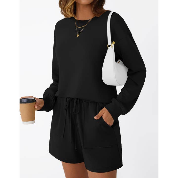 UNISHE - Venta al por mayor Conjuntos de top y pantalón corto (NO para estar en casa) - Mujer - Conjunto de moda casual de sudadera de manga larga y pantalones cortos MD23215