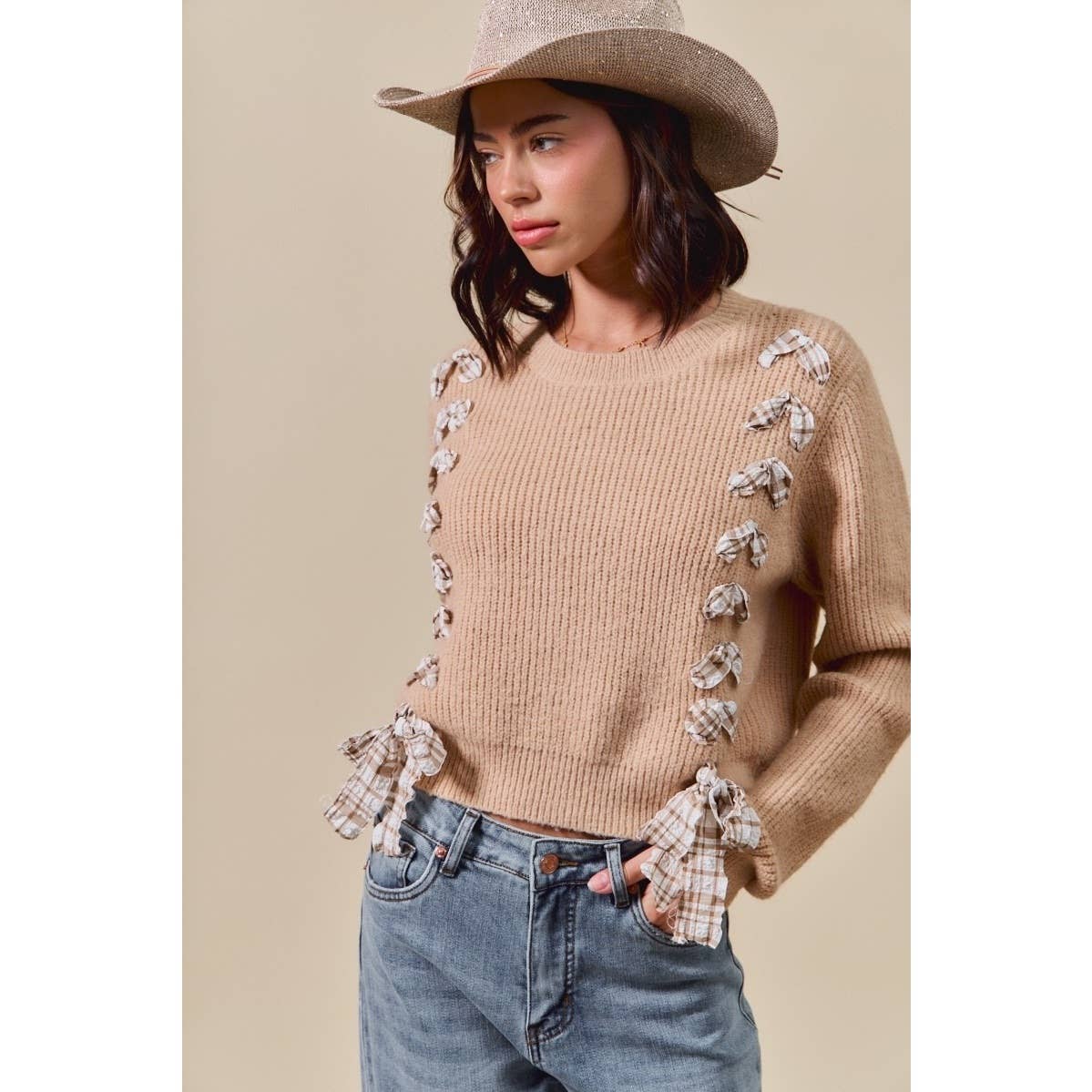 IVE - Wholesale Knit Sweater - Women's - Checkered Plaid Tape Lace Up Sweater Top3