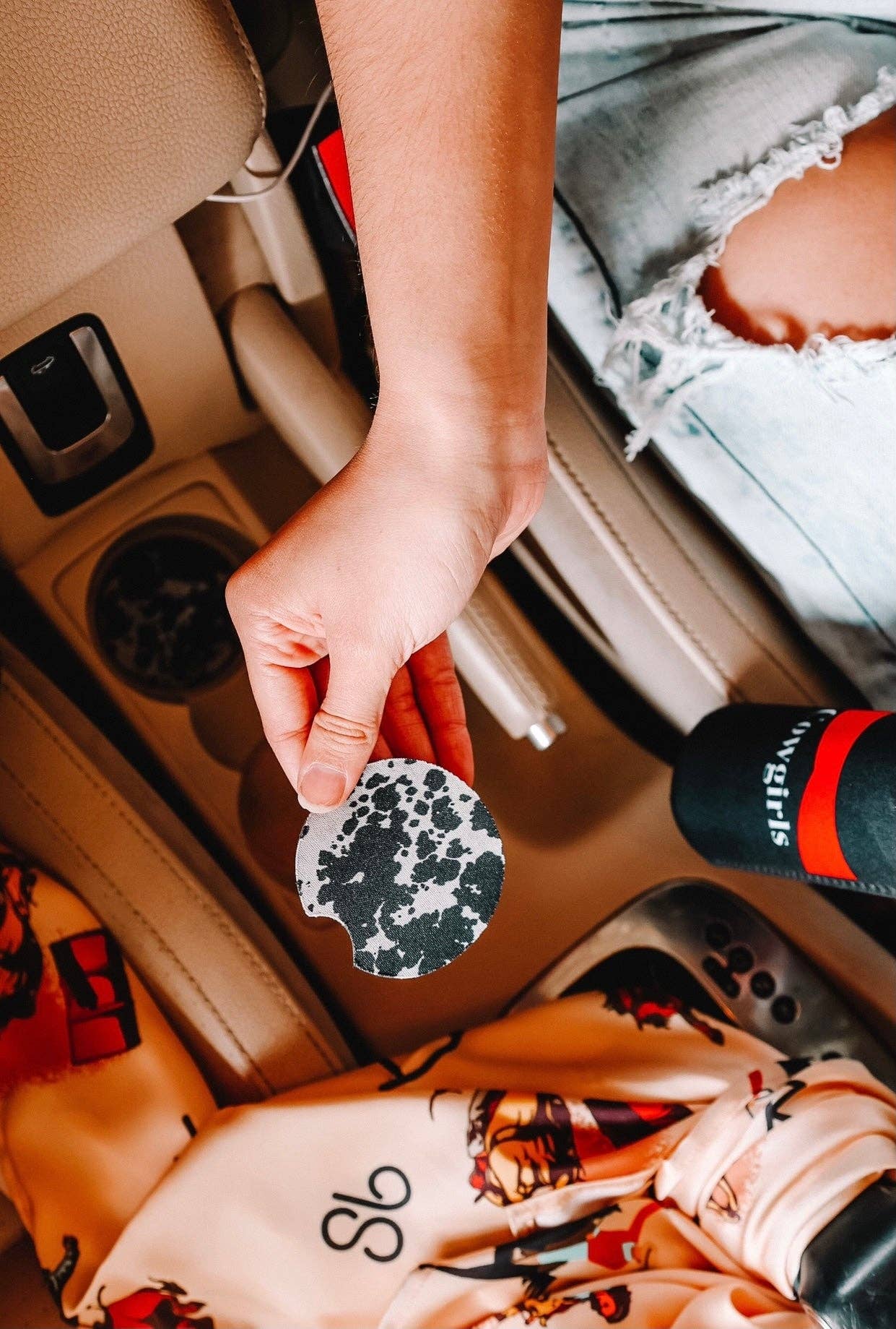 The Front Porch Label - Wholesale Car Coaster - Women's - Cowgirl Babe Black Cow Print Car Coasters 2-Pack4