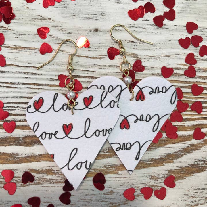 White Love Scrawled Mini Heart Leather Pearl Earrings for wholesale by Kate Tuesday Jewelry