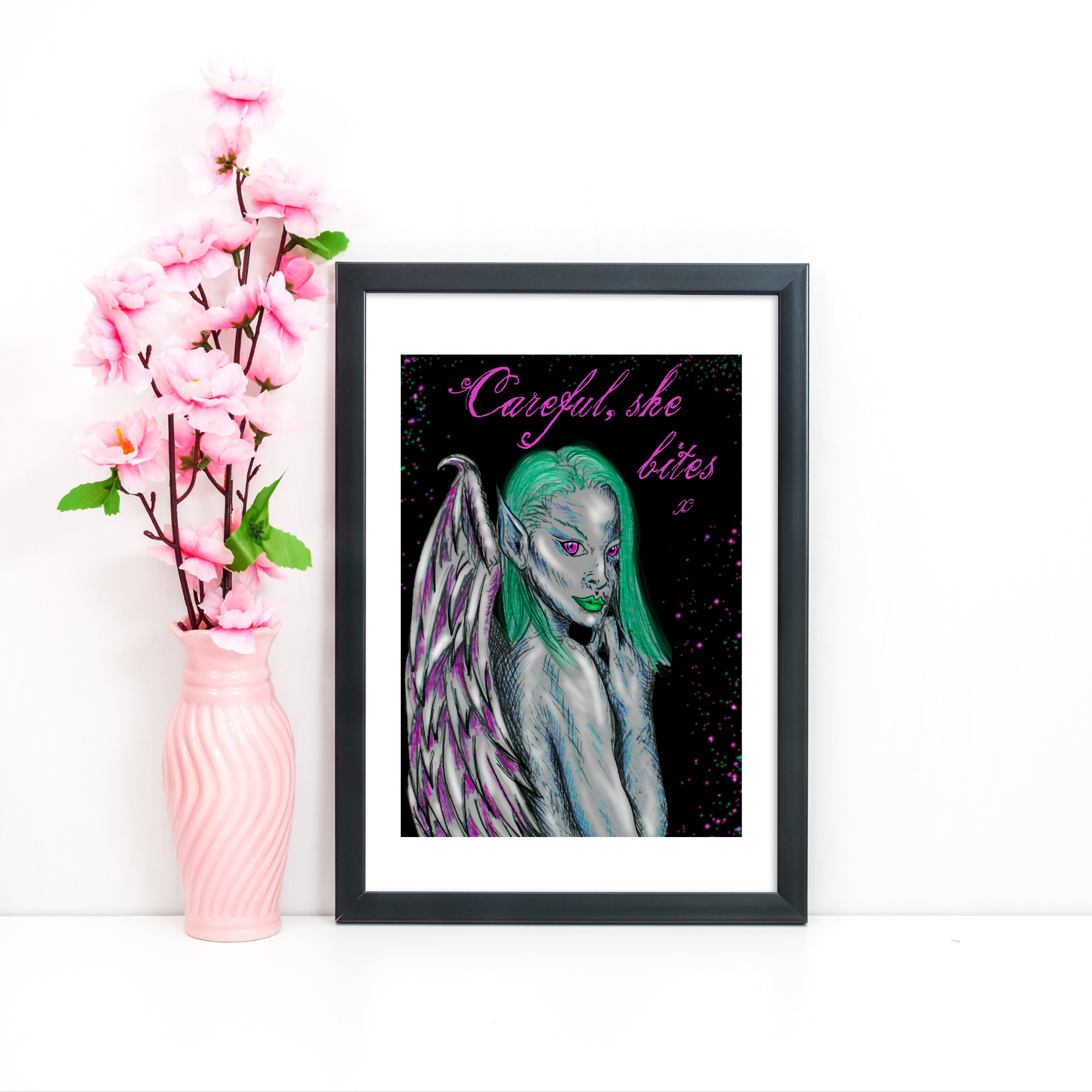 Hannah Kate Makes - Wholesale Art Print - Dark Angel Art Print - Careful She Bites - A5/A4  Pink/Green12