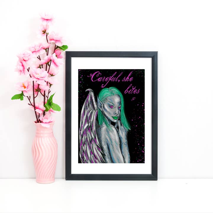 Hannah Kate Makes - Wholesale Art Print - Dark Angel Art Print - Careful She Bites - A5/A4 Pink/Green12