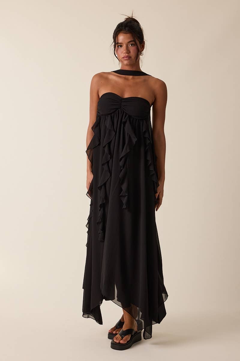 Sky to Moon - Wholesale Dress - Women's - HOLIDAY NECKLINE POINT RUFFLE HIGH-LOW MAXI DRESS1