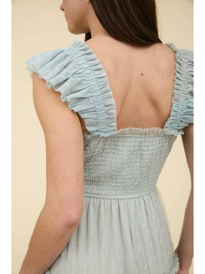 MINE - Wholesale Dress - Women's - POLKA DOT CHIFFON SMOCKED TIERED MIDI DRESS