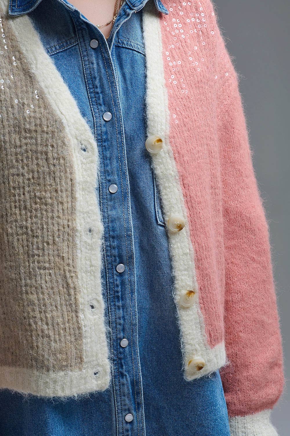 PINK Color-block Sequin V-Neck Cardigan for wholesale on Faire4