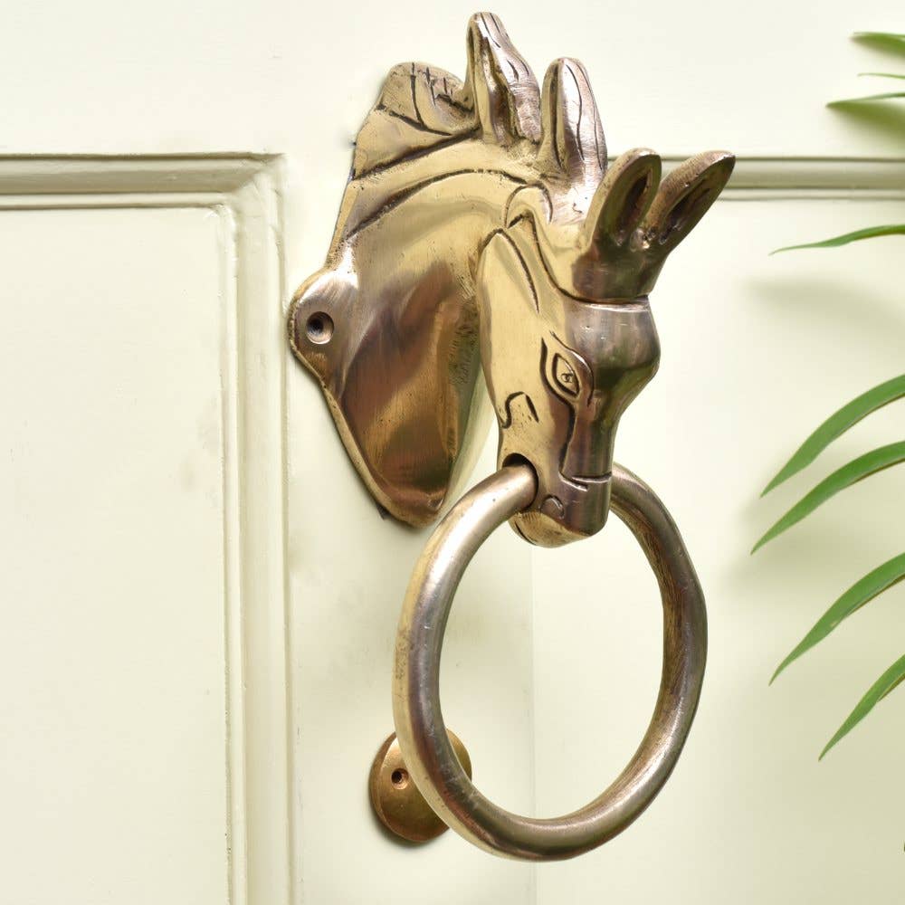 Gold 1 Piece Brass Horse Head Door Knocker for Door Accessories for wholesale on Faire0