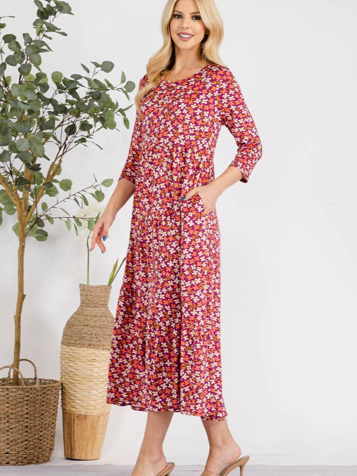 MAGENTA FLORAL TIERED MIDI-DRESS MISSY & PLUS SIZE -CD43848E for wholesale on Faire