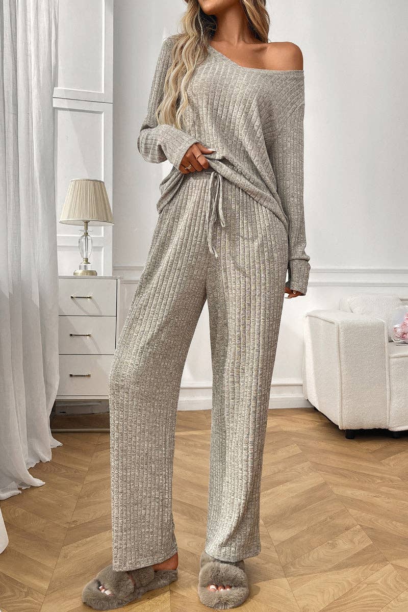 Lovesoft - Wholesale Lounge Set - Women's - Ribbed Knit Lounge Set with V Neck and Wide Pants13