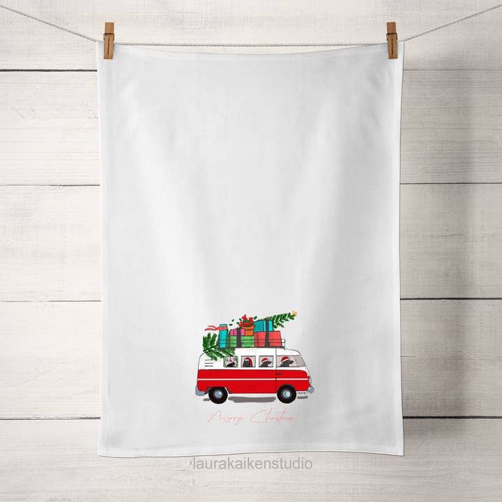 Laura K Aiken Studio - Wholesale Tea Towel - Holiday Christmas VW Van Lab Dogs, Cat, Tree, and Gifts0