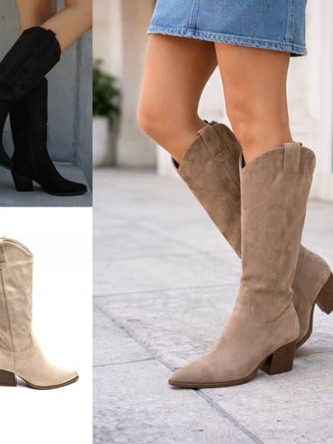 Westerse geborduurde kniehoge cowboylaarzen in imitatie suède voor wholesale door No Doubt Shoes