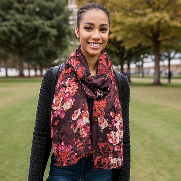 Tirtha - Roses Scarf (50x180cm) - Dark Red for wholesale by Black Ginger