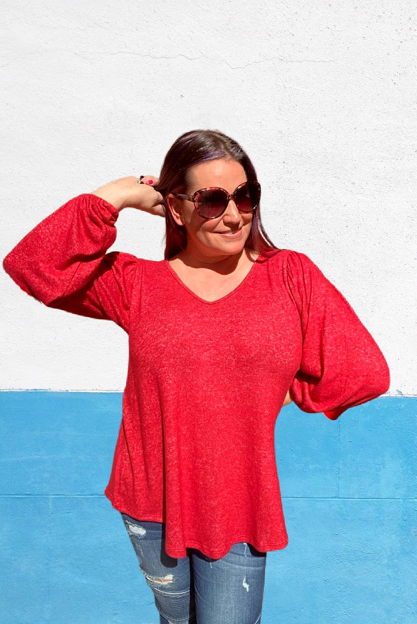 Misty BD - Wholesale Blouse - Women's - Balloon Sleeve Blouse in Red - S-XL Pack (Restock)0