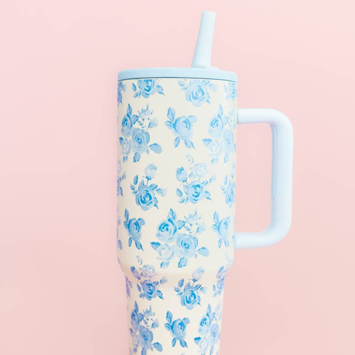 Rock Paper Scissors - Wholesale Insulated Mug/Tumbler - Cream & Blue Floral 40oz Tumbler with Spill Proof Lid