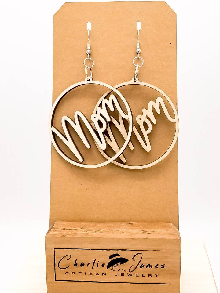 Mother's Day Earrings, Lightweight Earrings, Baby Shower Gift, New Mom Gift, Mom Birthday Gift, Big Earrings, "Mom" for wholesale by Charlie James Artisan Boutique