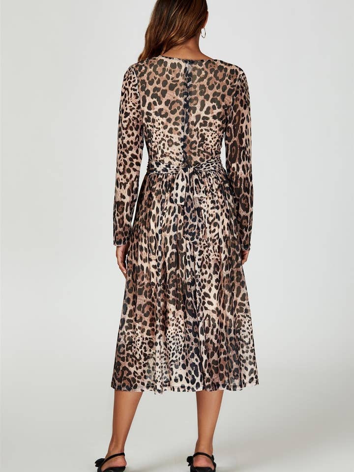 Leopard Print Mesh Midi Dress In Brown for wholesale on Faire1