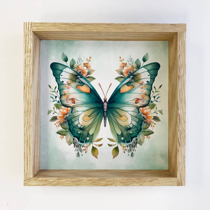 Butterfly Flowers Teal Green - Butterfly Canvas Art - Framed for wholesale by Hangout Home