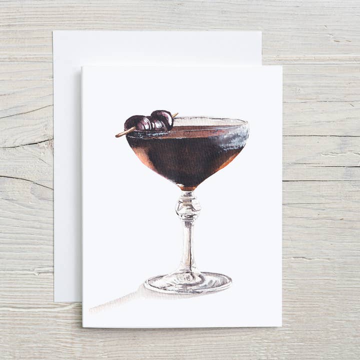 Black Manhattan Cocktail Card, Hand Painted Whiskey Lover for wholesale by Liz Pope Designs