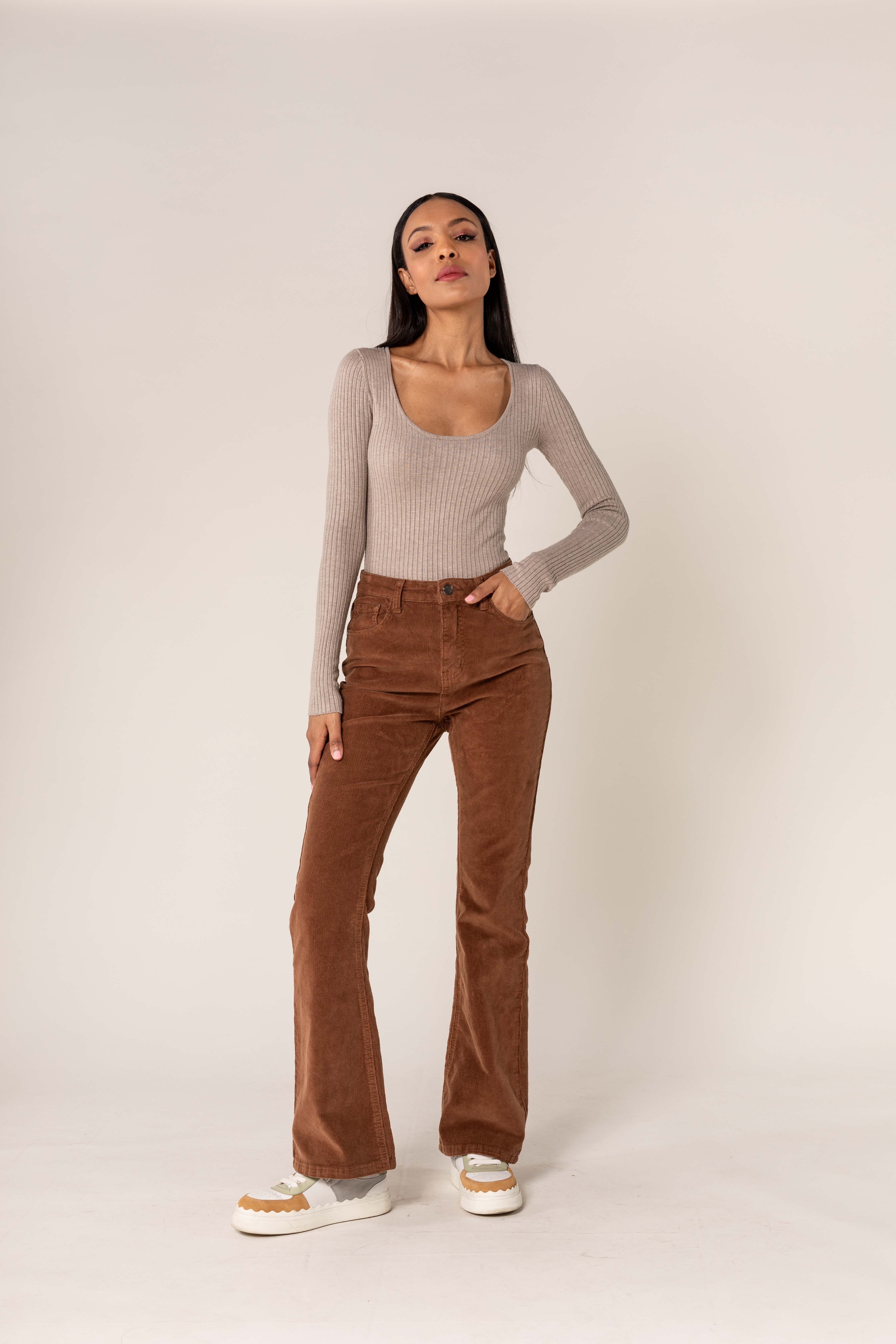 Nina Carter - Wholesale Pants - Women's - Bootcut High Waist Corduroy Back to School J22119
