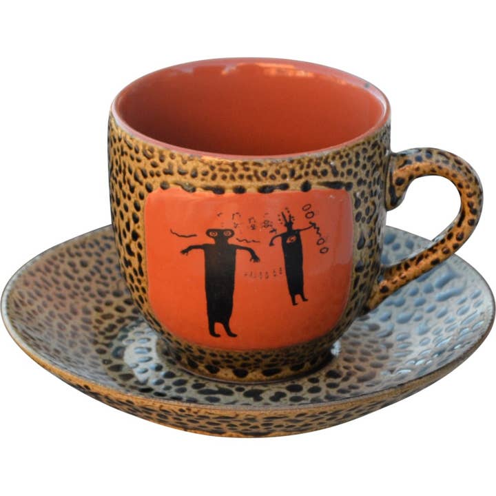 Petroglyph Cups with Saucers Box Set for wholesale by Always Azul Pottery