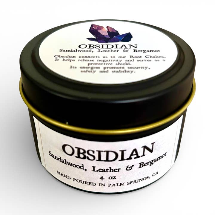 Obsidian Crystal Candle | Sandalwood & Leather | 4 oz for wholesale by Raven’s Hearth