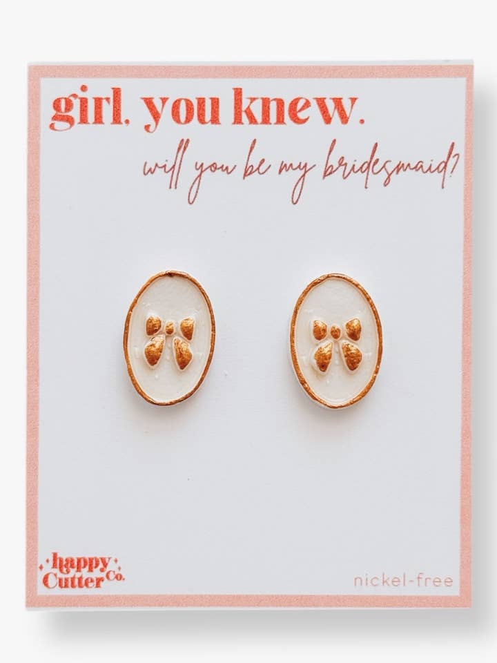 White Gold Bow Clay Earrings | Bridesmaid Proposal Gift for wholesale by Happy Cutter Co