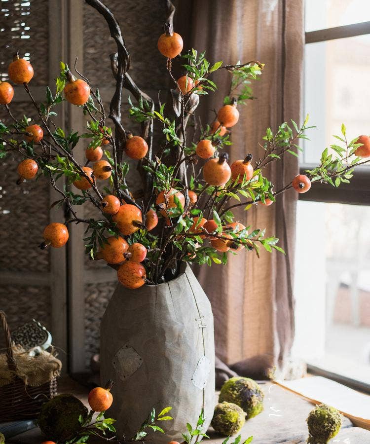 Rustic Reach - Wholesale Artificial Plant - Artificial Fruit Yellow Orange Pomegranate Fruit Stem 36" Ta4
