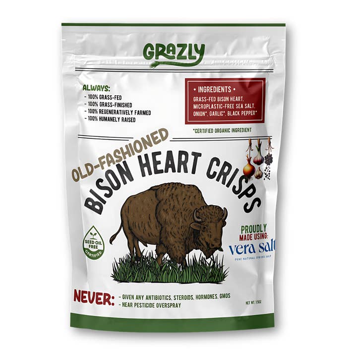Grazly - Wholesale Dried/Dehydrated Vegetables - "Old Fashioned" Bison Heart Crisps - Organic Spices (25 Count)