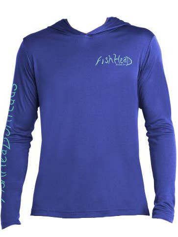 Men's Long-Sleeve Dry-fit Hoodie (Royal Blue w/ Snook) for wholesale by FishHead Threads, Inc.