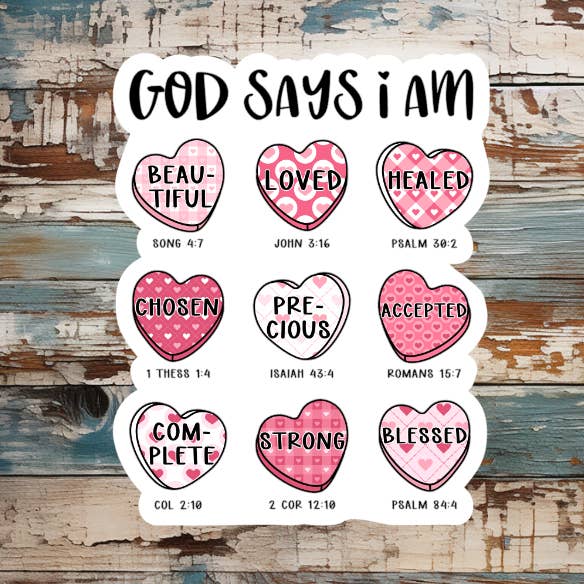 Autocollant en vinyle découpé en forme de cœurs de la Saint-Valentin "Dieu dit que je suis" pour la vente par Prairie Chicken Sticker Shop & Gifts