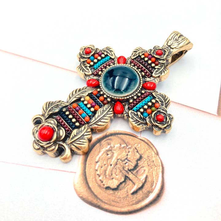 Black Gold Beaded Stone Rhinestone Cross Magnetic Pendant for wholesale by Lunar Deer