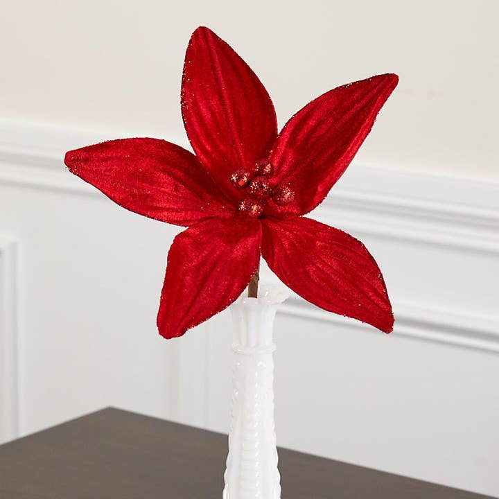 Artificial Red Velvet Poinsettia Pick for wholesale by Factory Direct Craft